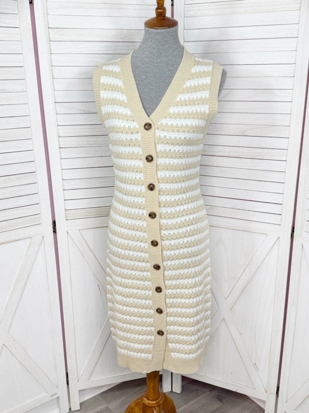 Striped V Neck Button Down Cardigan Sweater Vest Sheath Dress Tan White Small